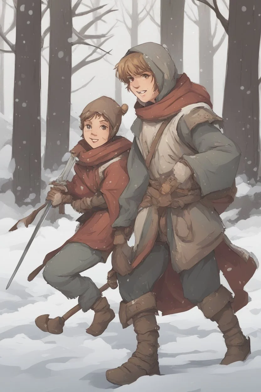 DnD style, two medieval peasant kids playing in the snow male and female, age 14 and 15, happy and playful, he has a short sword.