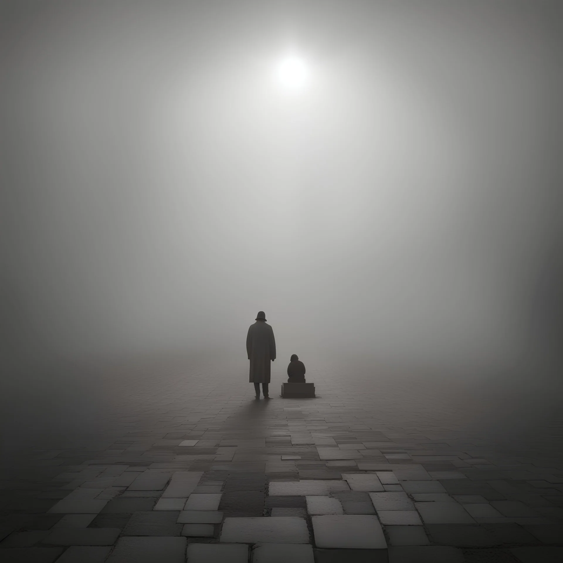 нищая,молится,площадь,туман,яркий свет