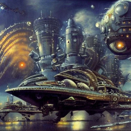 Steampunk scene of futuristic Victoria,galaxian fantasy airships flying over Manhattan in a cloudy sky,Giant sci-fi super-panzer in the style of John Berkey