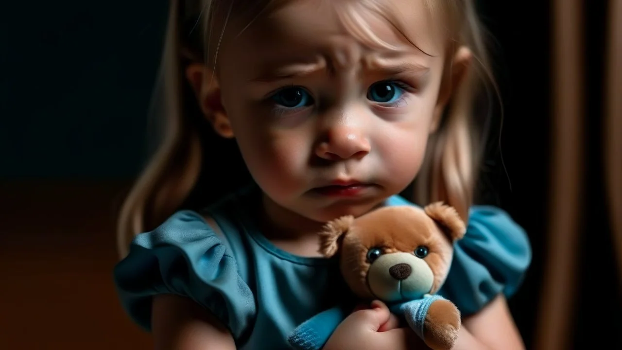 a little girl holding her toy with tears