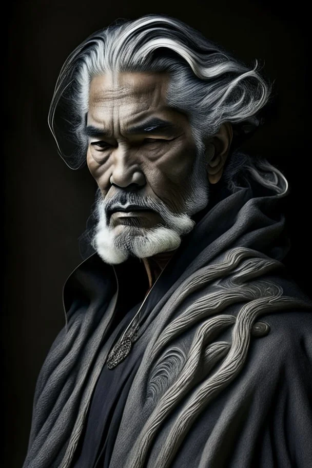 a photo of an Caiucasian man with ethnic jewelry, grey hair and grey flowing robe, in style of Annie Leibovitz, contemporary portrait of a mature yet beautiful and modernist man, black and grey, detailed masculine face, swirling fluid smokey enigma, award-winning artwork