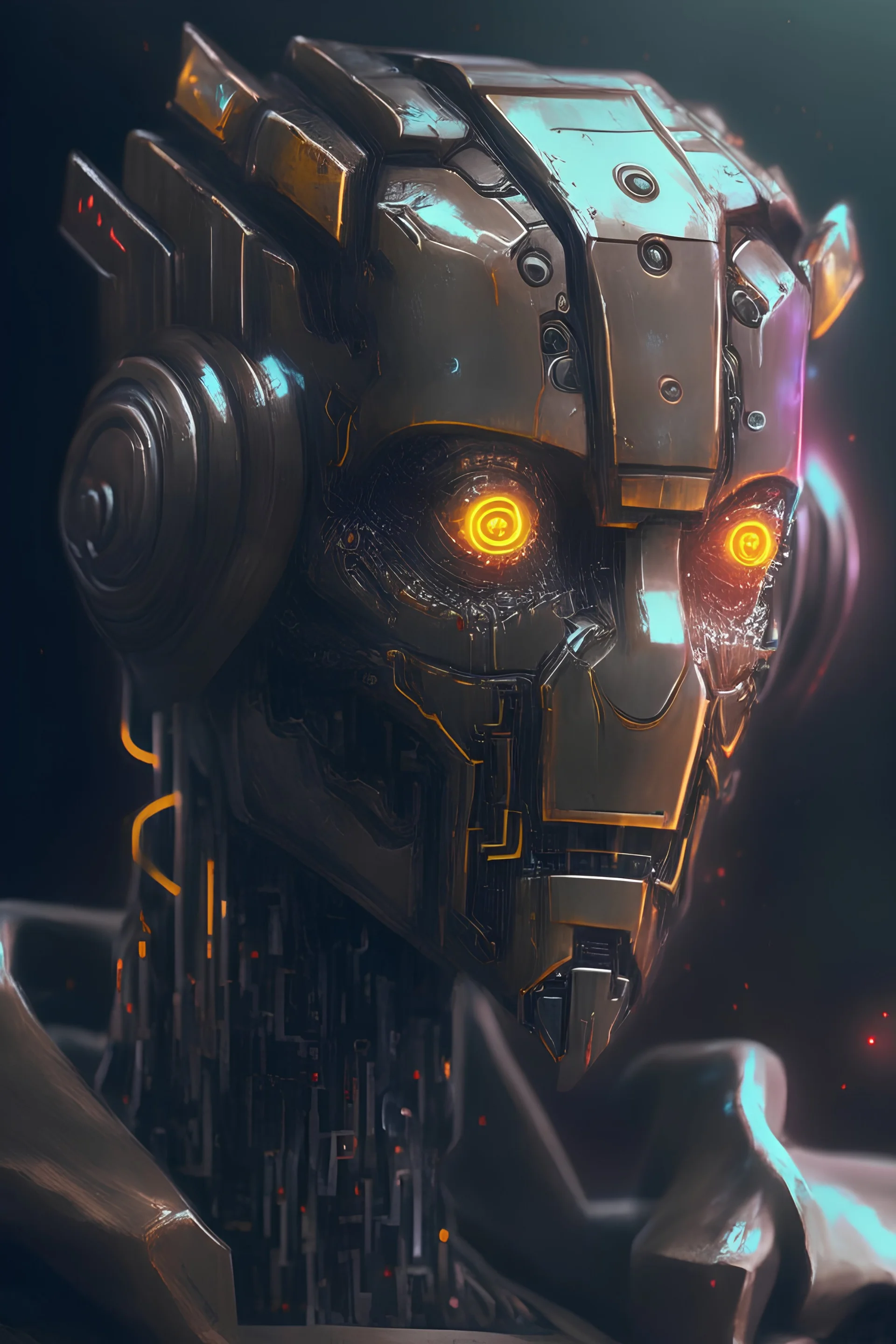 Portrait painting of a evil cyber open ai bot, robot cyberpunk portrait hd pfp, Chat GPT NFT Club, pft art, portrait ai, how look ai bot, looks chat gpt, ultra realistic, concept art, intricate details, eerie, highly detailed, photorealistic, octane render, 8 k, unreal engine.