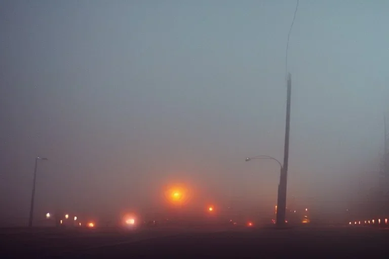 Burning zeppelin, dark cityscape, glowing streetlights, light fog