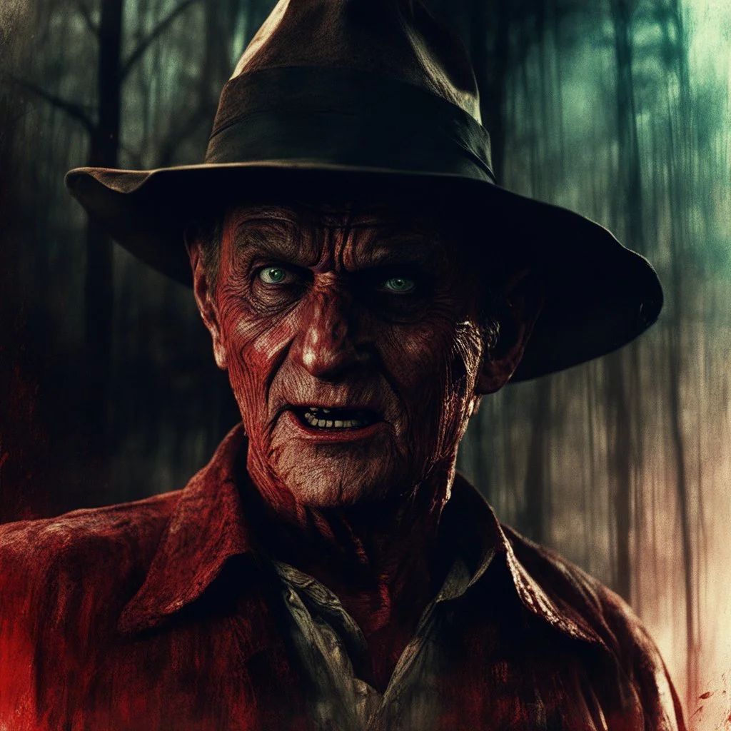 Freddy Krueger in Elm street [vintage style noisy scratches glitches, Shot the texture and then rewound the film and double exposed from a 1970 B series movie]