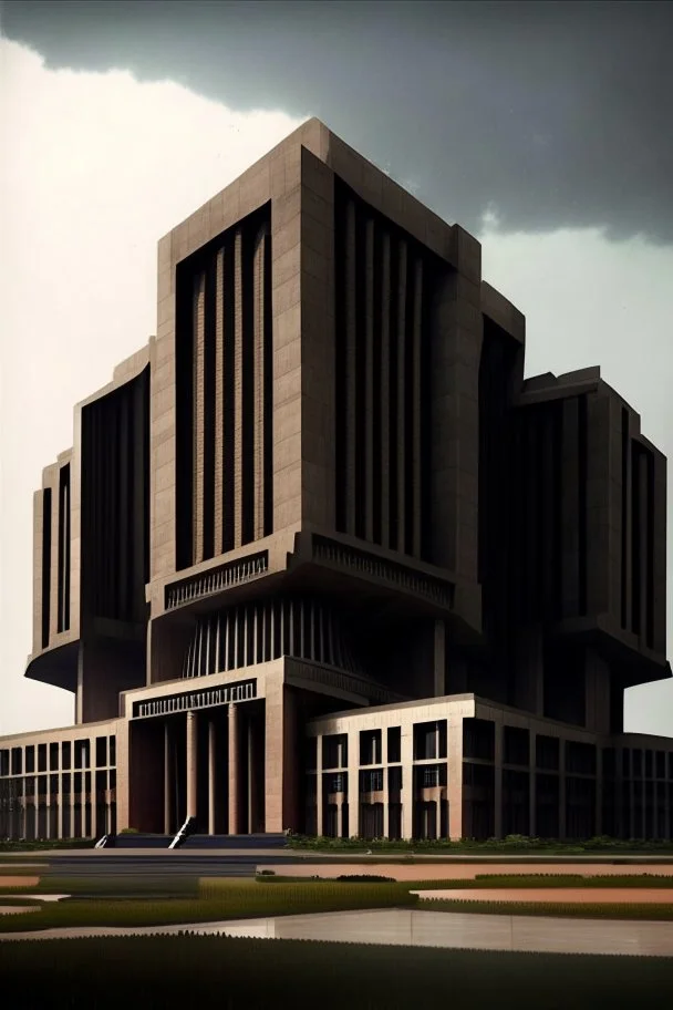 Modern Architectural style for building of India's military Headquarters, make it visibly military and intelligence style at the same time similar to Indian Architecture, use darker colors, make it wider and not much taller