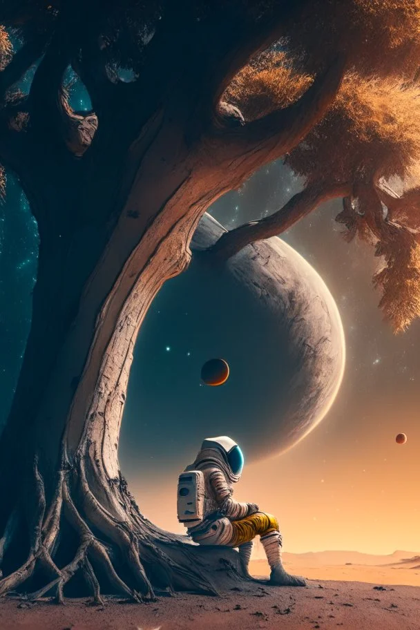 A lonely astronaut sits under the shade of an old tree on the edge of a planet. He looks at a beautiful galaxy.4k, high resolution. full detail