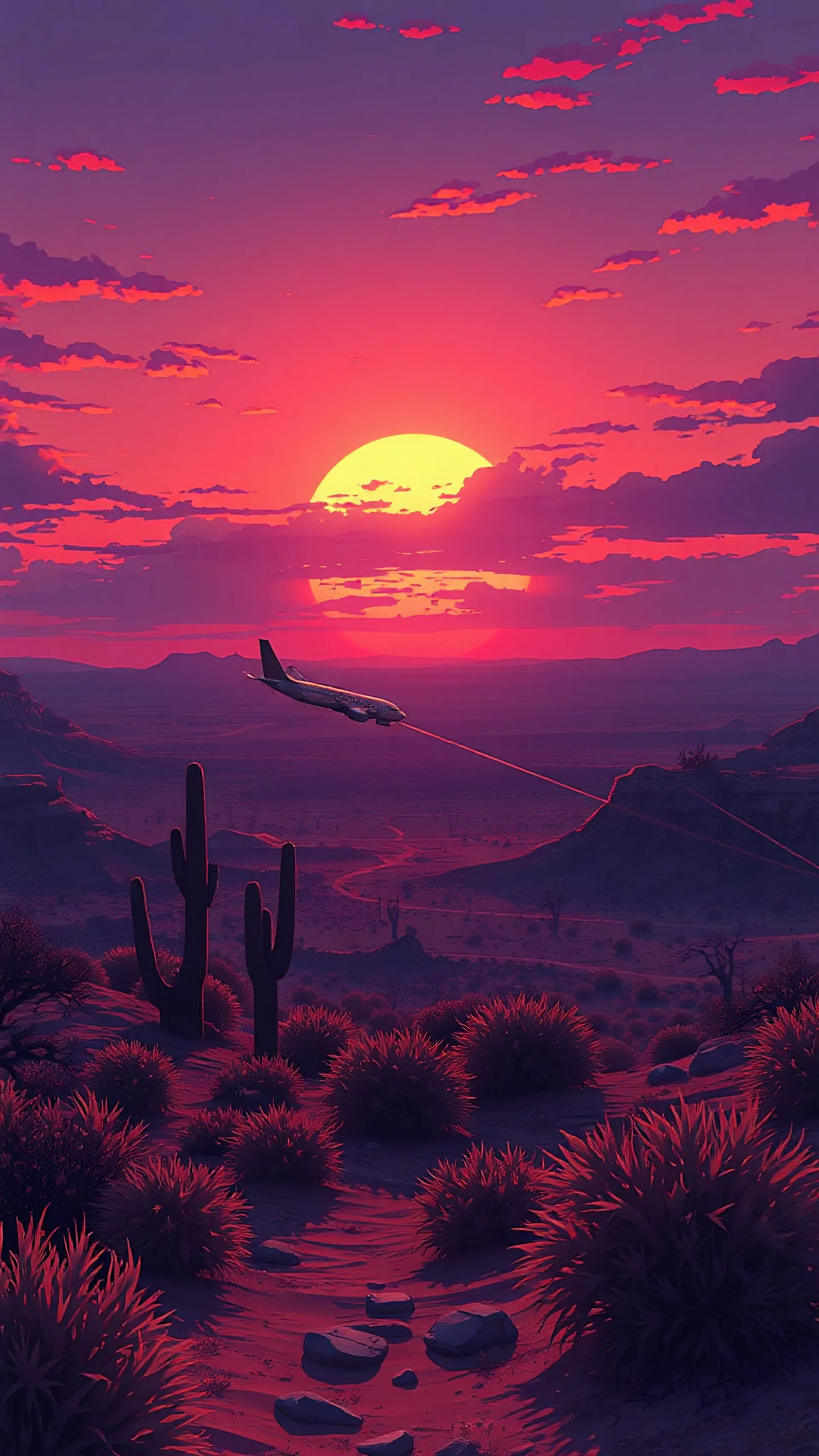 anime style, sunset, desert garden, an airplane crashed ,cinematic view