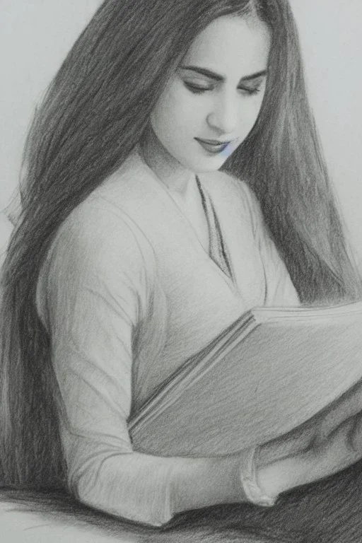 Pencil sketch of Young woman, Arab features,sad, long wavy hair, reading a book, full body، on lined paper