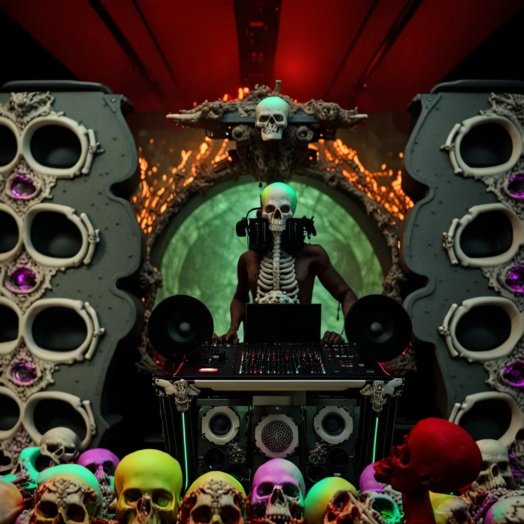 DJ of the damnded, insanely detailed DJ booth in hell, MID set, speakers and equipment made of bone, anatomically correct, add more skulls in th audience, photorealism, vray, 8k 3d