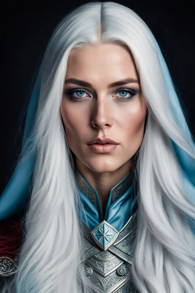 Hyperrealistic maximalist photography of a beautiful Nordic stoic woman dressed as an inquisitor. She has long white hair and light blue eyes. his right eye is blind and the right side of his face has a scar near his eye partially covered by his hair.