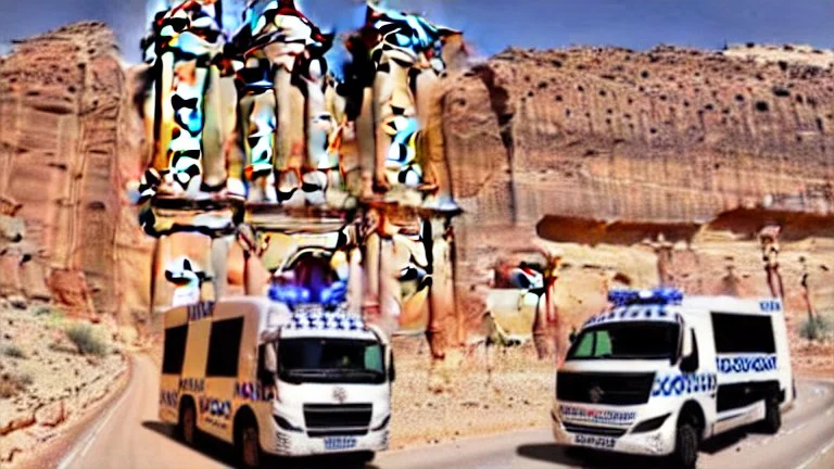 A police Tesla Cybertruck is chasing a Tesla 'Model S Plaid' at top speed, at Petra, in Jordan. CINEMATIC. WIDE ANGLE LENS.