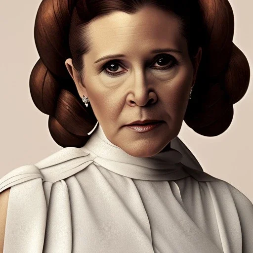 wide angle stunning photo realistic portrait of carrie fisher as Princess Leia in star wars with photo realistic fine and very simple hairstyle, brown eyes, eos5d mark 4, ef 85mm 5.6, professional majestic photo realistic painting by Ed Blinkey, Atey Ghailan, by Jeremy Mann, Greg Manchess, Antonio Moro, trending on ArtStation, Intricate, High Detail, Sharp focus, dramatic, by greg rutkowski, realism, beautiful and detailed lighting,