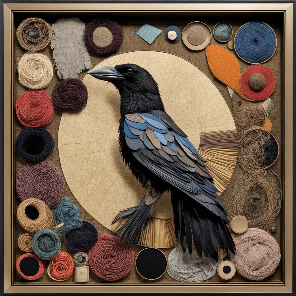 Collage of various mediums making up an abstract crow image, metal and fabric and corduroy and glass and yarn and paper and velvet, various textures, sharp contrast, sharp juxtaposition of materials, colorful, sharp focus, by Joseph Cornell, maximalism