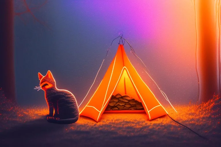 Against a dark cracked holographic marble background, a cute chibi plushy fluffy knitted and embroidered cat, tent, campfire, pond, mist and fog in sunshine, drawn in orange glowing neon lines. The cracks in the background are golden. Ethereal, cinematic postprocessing.