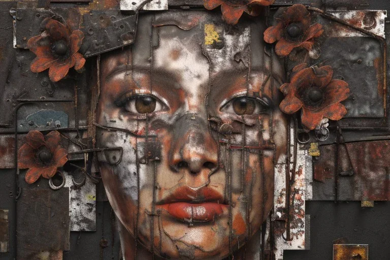 an abstract painting of rusted metal and flowers, by anselm kiefer and lucian freud, rust, scaffolding, iron cladding, decay, mixed media, textured, anatomically correct, beautiful perfect face, sharp focus, highly detailed, unity engine,full black woman face