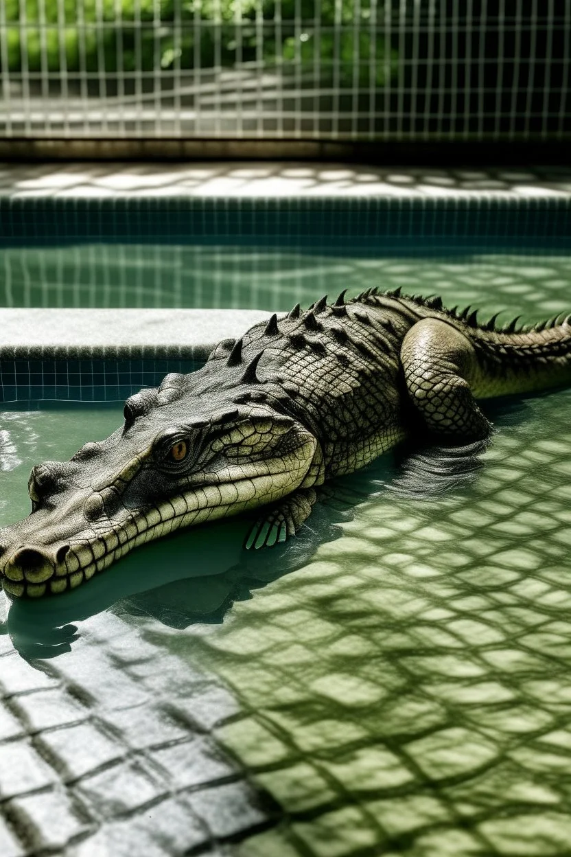 A crocodile laying down in an empty out of water swimming pool ,