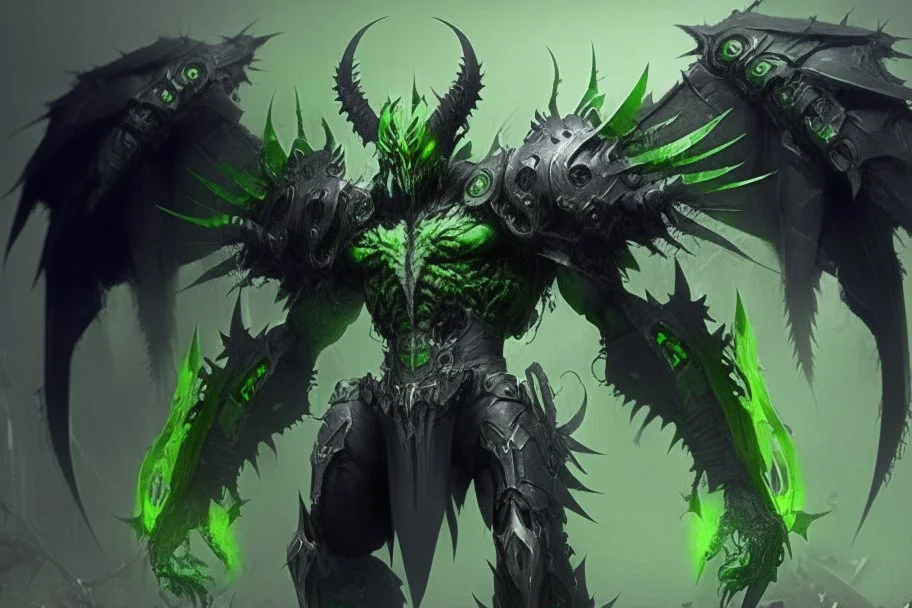 demonio de armadura verde y negro con alas con maquinas