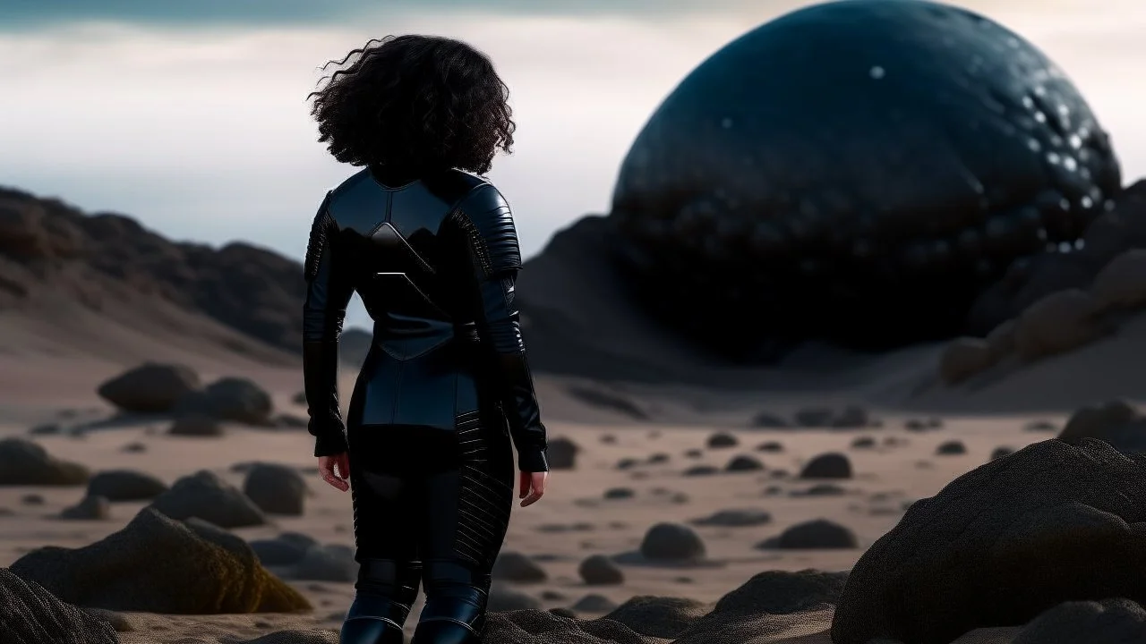 A woman in a catsuit standing on a beach of a rocky landscape with a crashed spaceship in the distance