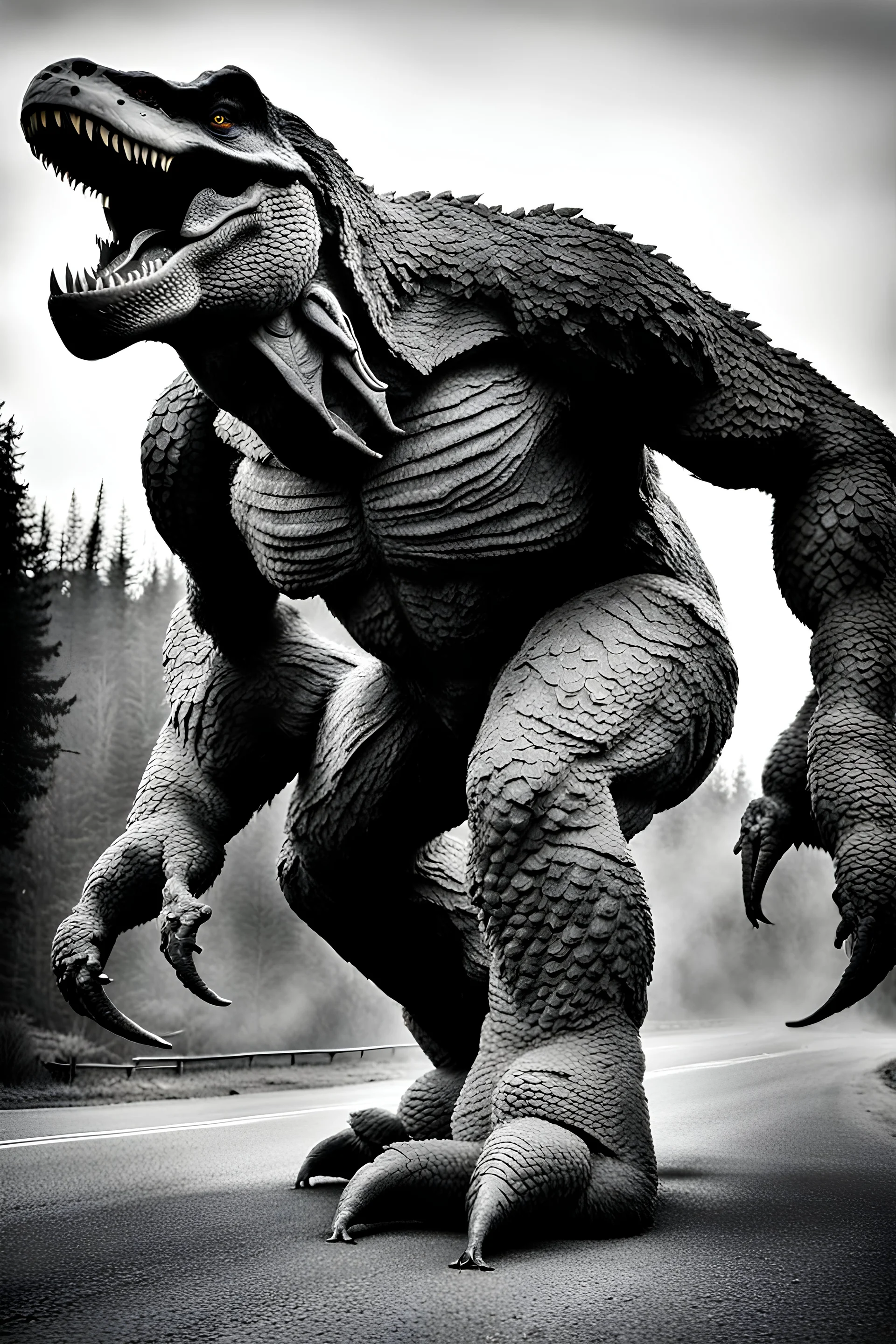 Bigfoot x tyrannosaurus hybrid. Photograph.