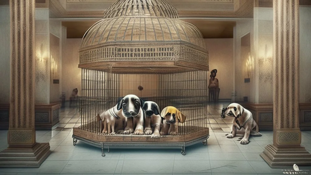 indian hotel front desk with crying puppies in cages all over the lobby