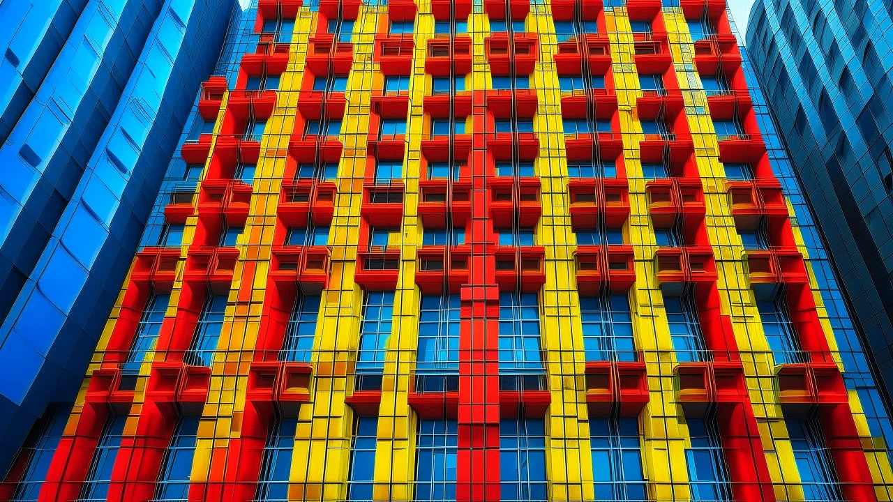 Fachada de rascacielos con una textura de rejilla de hormigón y nichos interiores pintados en rojo, azul y amarillo vibrante, estilo pintura hiperrealista con atención al detalle estructural.