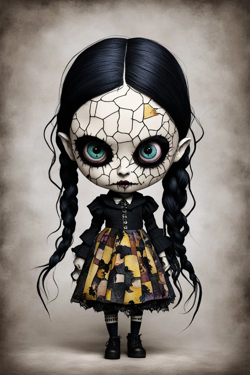 full color, illustration of a dark menacing Victorian goth vampire girl, ala Wednesday Addams, as a decayed, broken, crude homemade patchwork cloth doll toy, with a cracked porcelain face, thick dark eyebrows, hair made from ragged strips of cloth, art in the style of Alex Pardee and Tim Burton