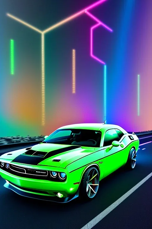 schönes foto von einem chromlackierten dodge challenger in heckansicht der auf einem highway richtung horizont fährt,miami vice, miami, neon ligths,chrome, synthwave, retro, high detailed,unreal engine, octane render, photo realistic, viele palmen, komplementärfarben