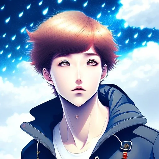 A boy looking at Sky while it's raining, mood , anime style , colorful, beautiful, high detail, high quality.