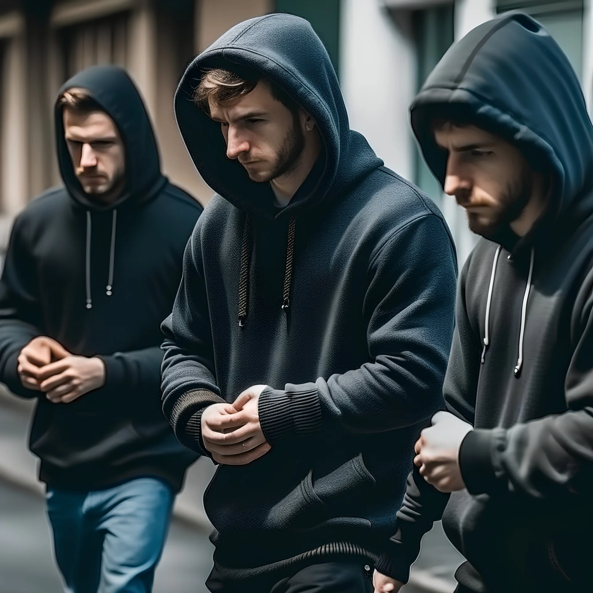 policemen escorting a handcuffed young man in hoodie