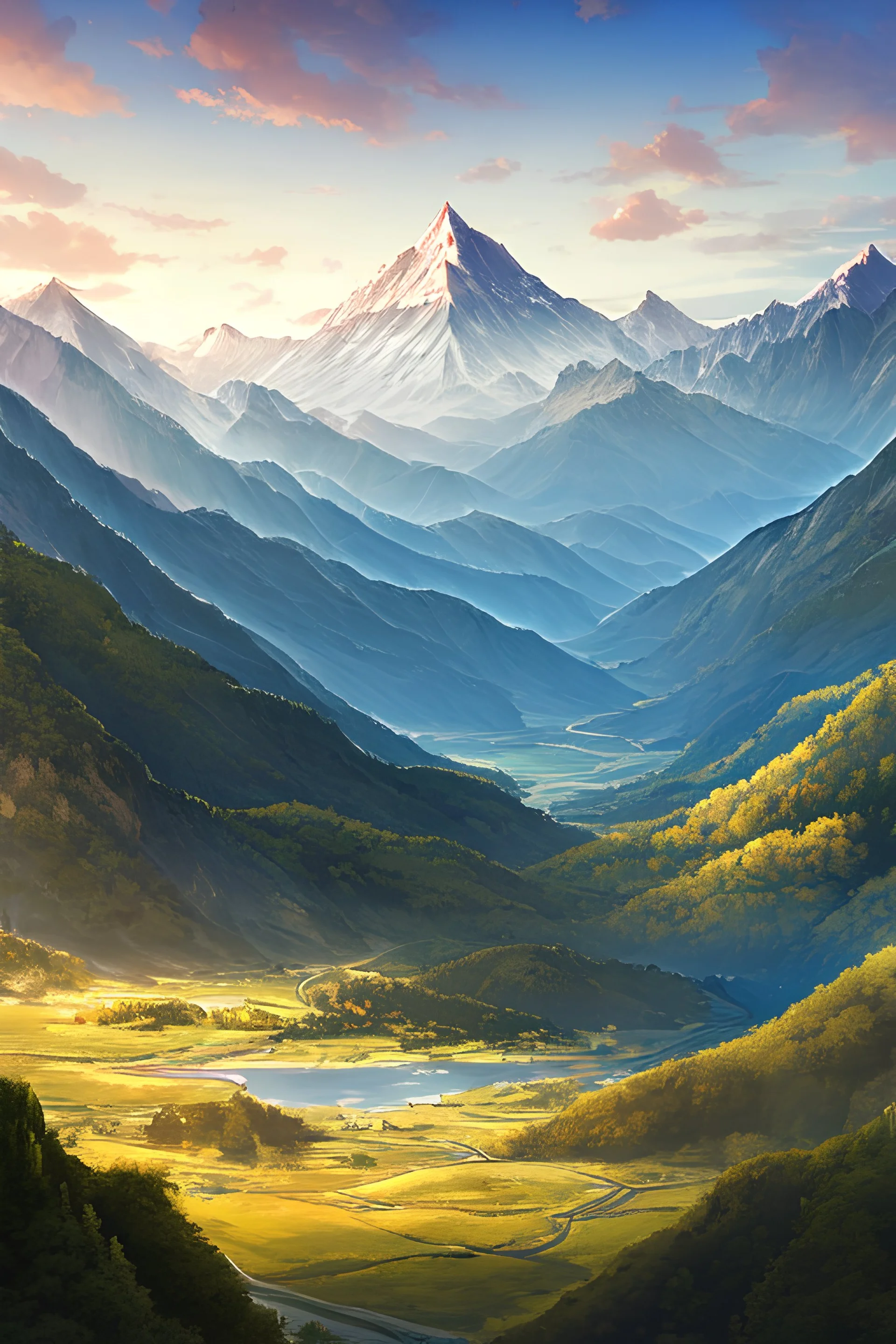 A poster-style depiction of mountains, aspect ratio 32:9, resolution 3600x1080