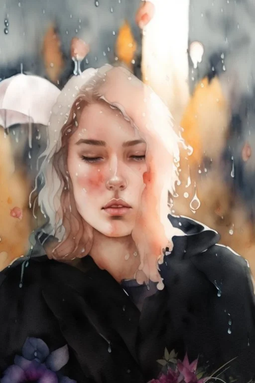 watercolor portrait of a woman, lush hair, rain, flowers, umbrella, autumn, paint blots, splashes, tears, plants