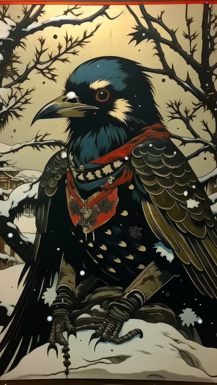 A 19th-century serigraphy portrait by Kunisada of a crow adorned in a punk leather jacket within a snowy Christmas atmosphere.