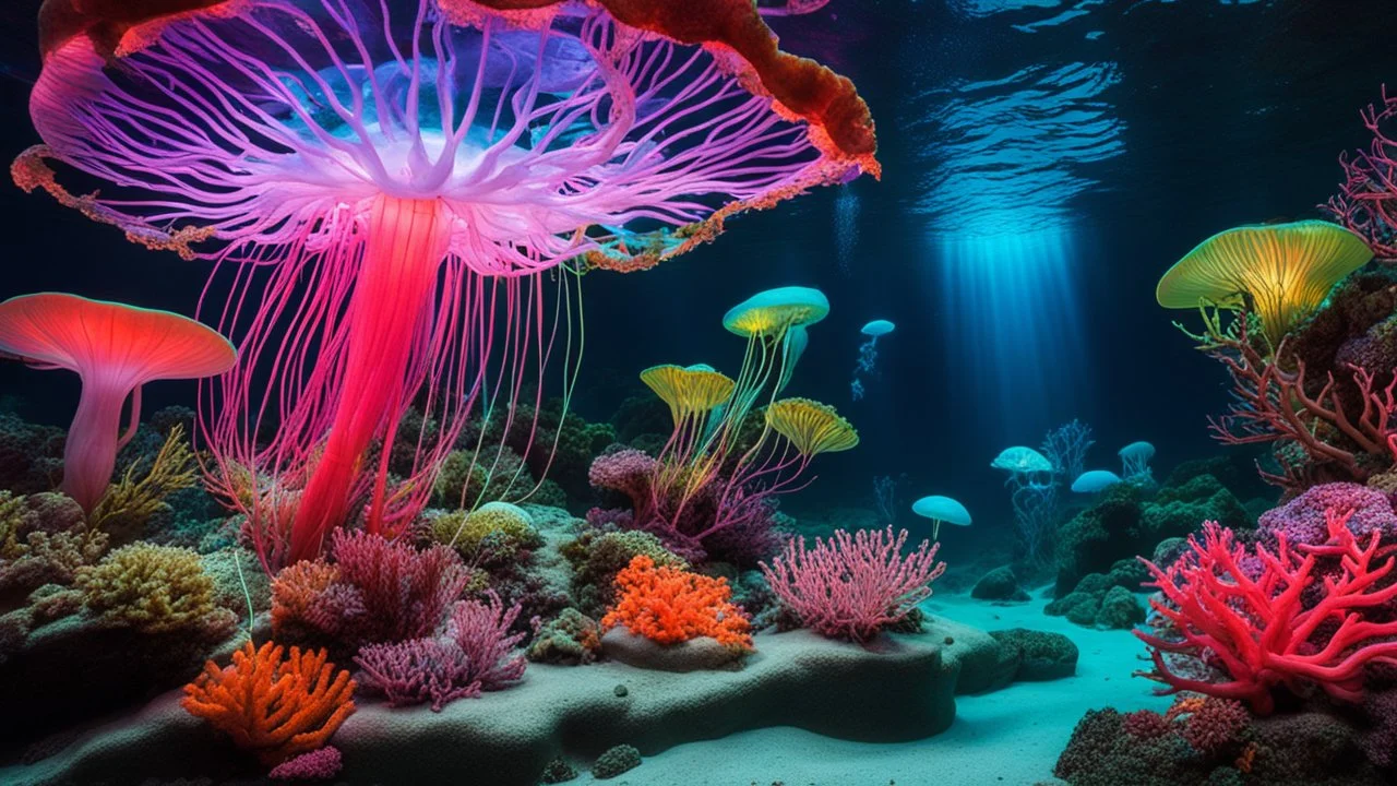 An underwater garden where coral reefs glow with bioluminescence, and giant jellyfish float gracefully among neon-colored plants that sway in the current