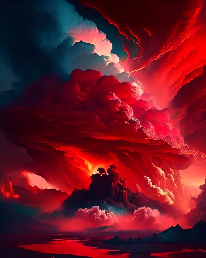 Phantasy landscape with dramatic cloud in fiery red color