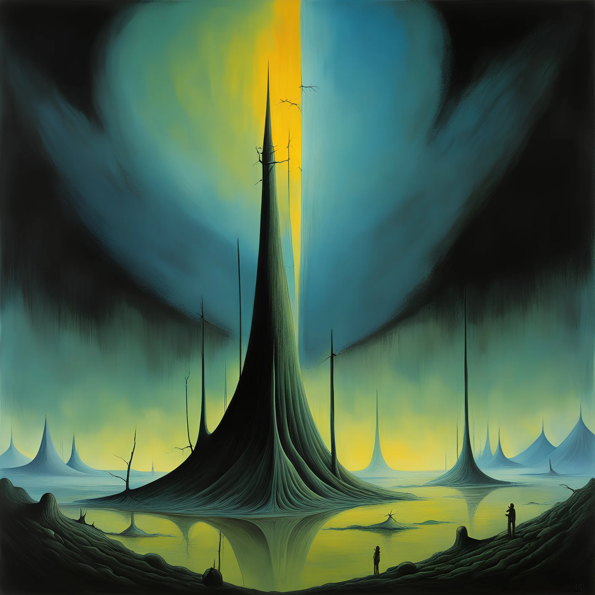 Absurd and horrific, a peeking fictive nightmare behind the mundane, rule of thirds, by Yves Tanguy, by Oskar Fischinger, asymmetric surrealism, volumetric lighting, existential dread, colorful, dark colors, sharp focus, by Zdzislaw Beksinski,