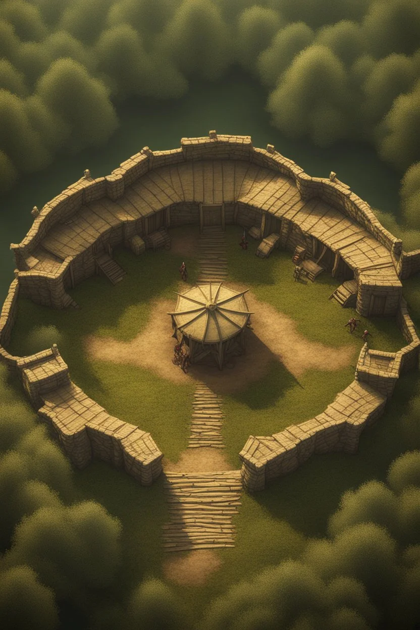 fantasy medieval fighting arena into the woods from above