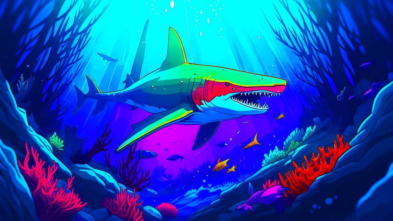 Comic style, underwater, coral reef, shark