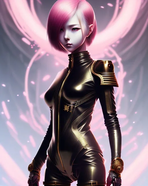 Detailed cute anime Kunoichi girl, redish hair, black latex bodysuit, intricate details, full body portrait, keep head in frame, slight smile, black Japanese motif, concept art, highly detailed, digital painting, concept art, sharp focus, illustration, art by Yoji Shinkawa, WLOP and greg rutkowski and alphonse mucha and artgerm and yanjun Chen and Junji ito and Makoto Shinkai, HDR, octane render