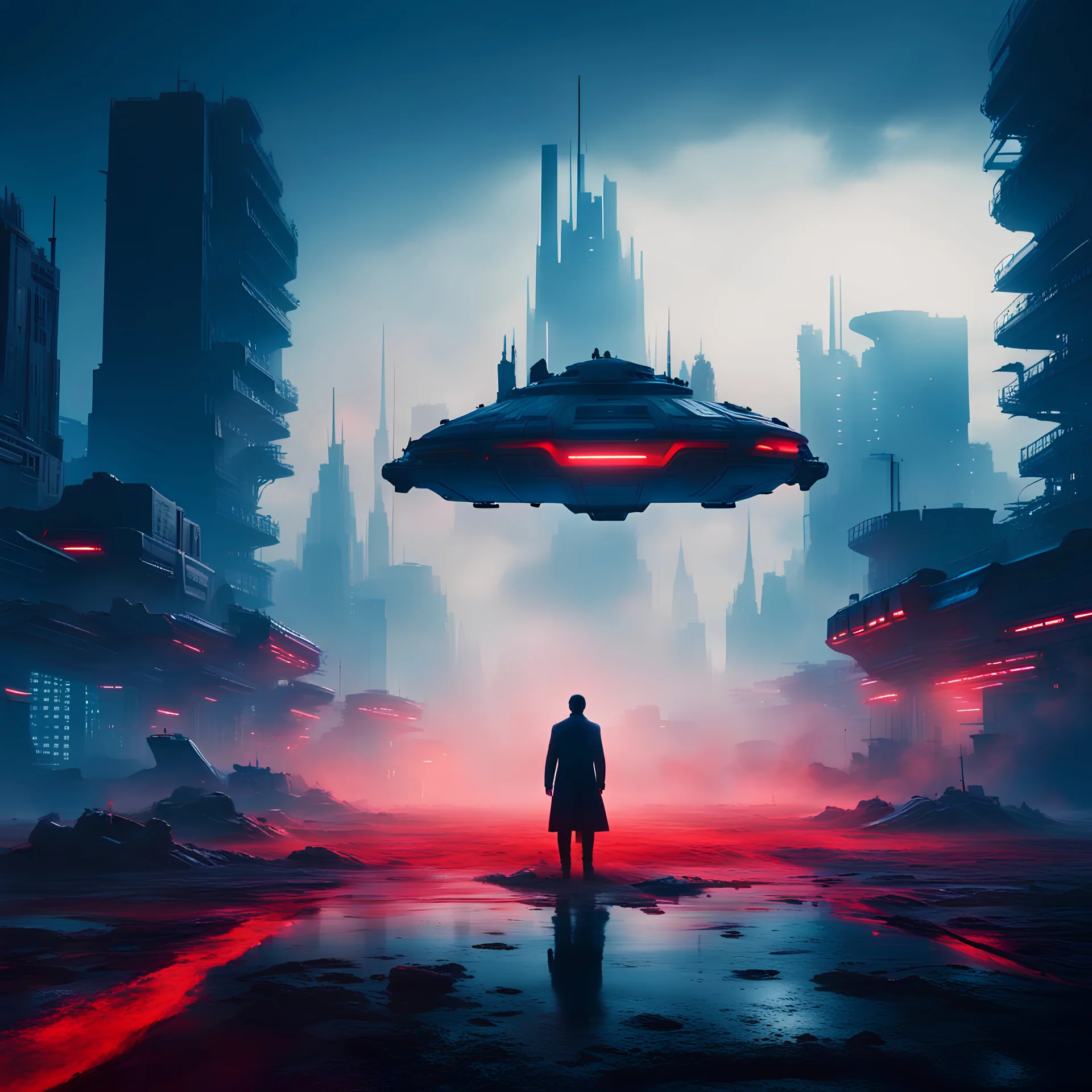 Ground level dark futuristic city scape. blue and red mist near the ground. Silhouette of a man. futuristic hovercraft in the foreground