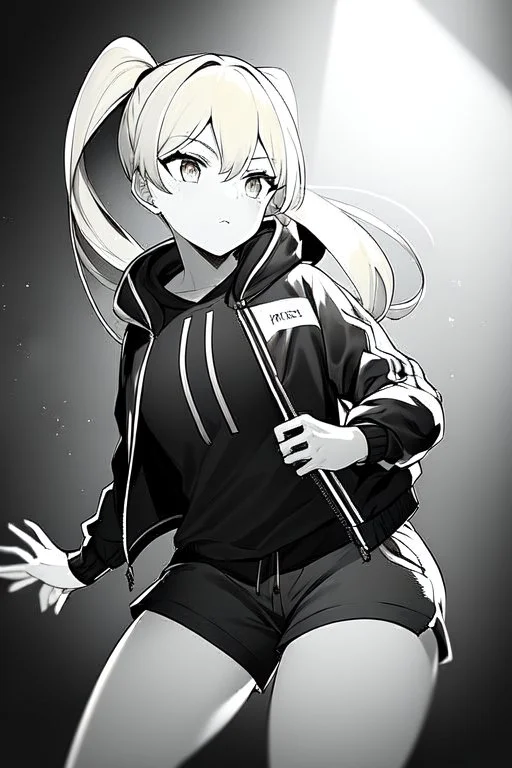 blonde girl with ponytails dressed in a jacket and shorts makes her way in the dark with a flashlight, greyscale