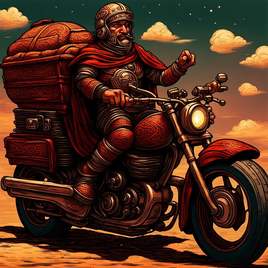 Kebab Man mounted his holy motorcycle, the engine roaring to life with divine power. With a final glance at the celestial realms, he sped down to Earth from heaven, ready to begin his quest.