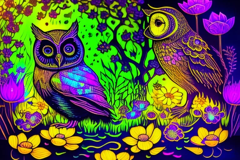 black light art, owl and small chibi duck in a flowergarden with beautiful flowers, pond, in sunshine, H.R. Giger, anime, steampunk, sürreal, watercolor and black in outlines, golden glitter, ethereal, cinematic postprocessing, bokeh, dof