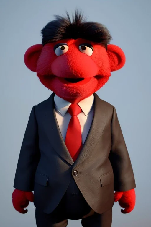 Waist up muppet Portrait, Kim Jong-un as muppet doll, black suit, photo studio, red background, unreal engine 5, concept art, art station, god lights, ray tracing, RTX, lumen lighting, ultra detail, volumetric lighting, 3d.