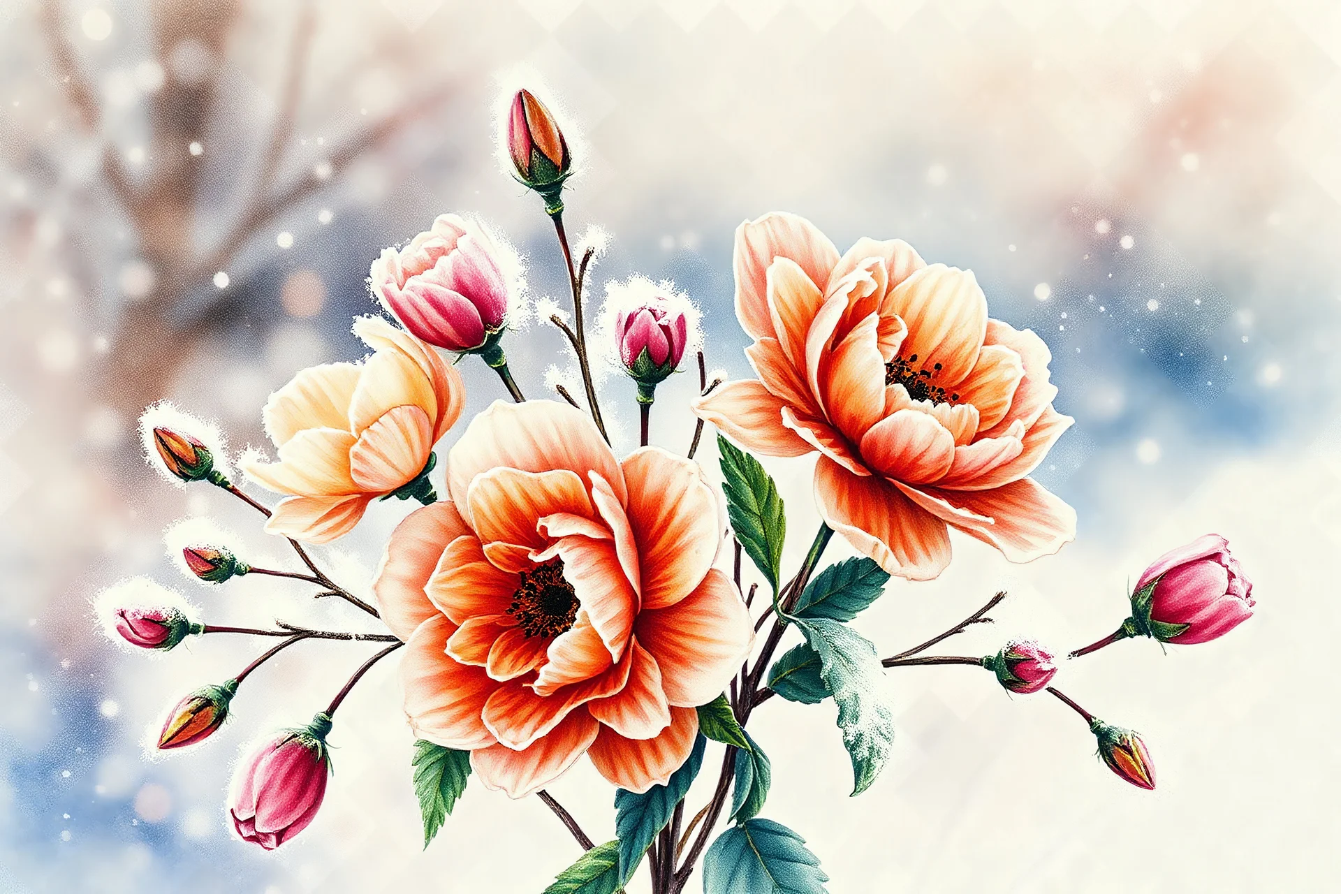 watercolor and ink, airbrush, Ultra realistic painting in high definition 8k photography type, mit vielen Blumen, winterfrost