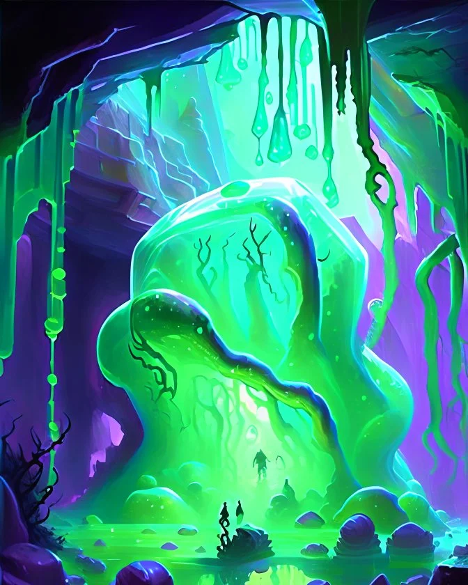 a slimy gelatinous cube in vast cavern room painterly