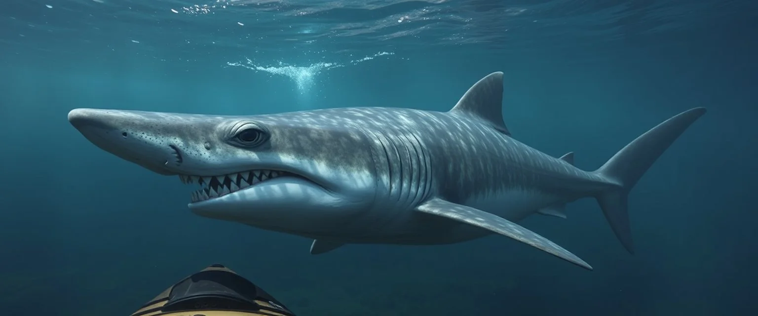 prehistoric shark fish ogre beneath kayak