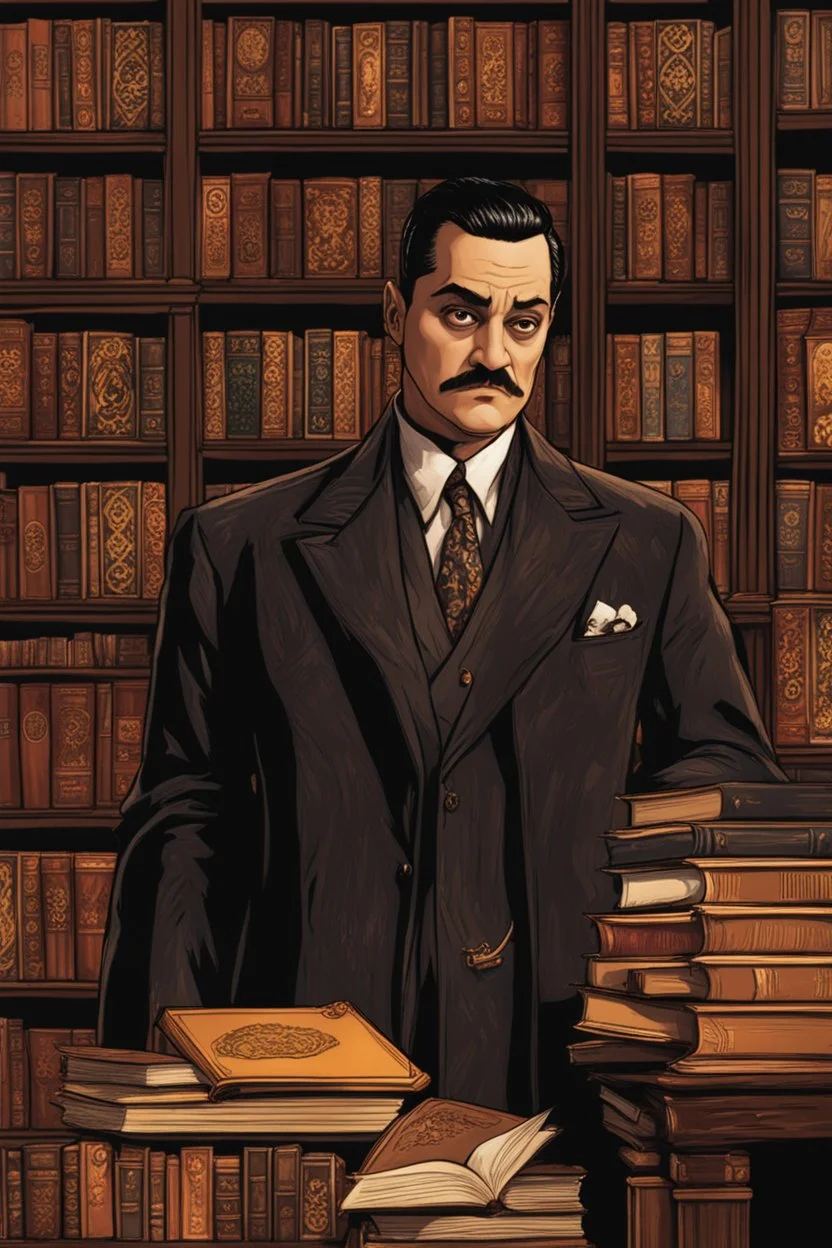 [Versace ] Gomez Addams in a library