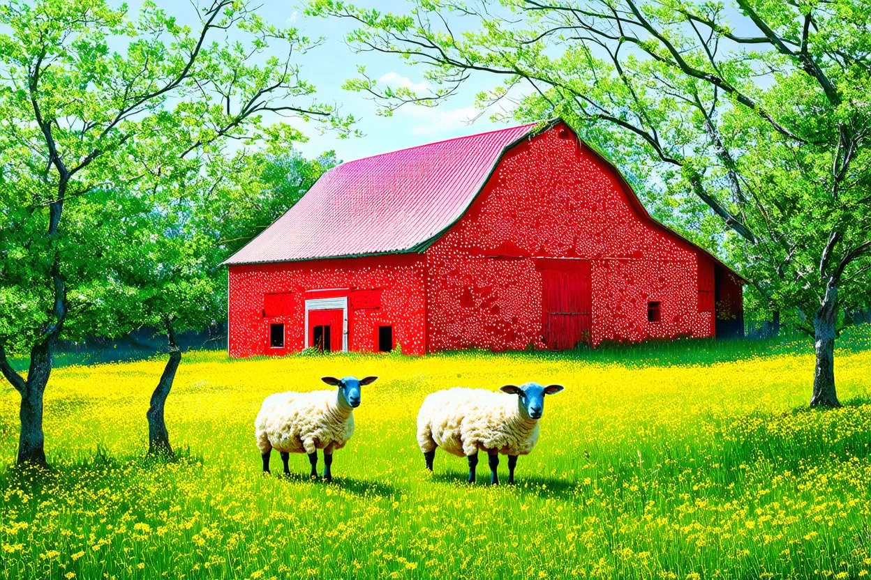 old barn in Style: Yayoi Kusama artist. landscape, pastoral, sheep