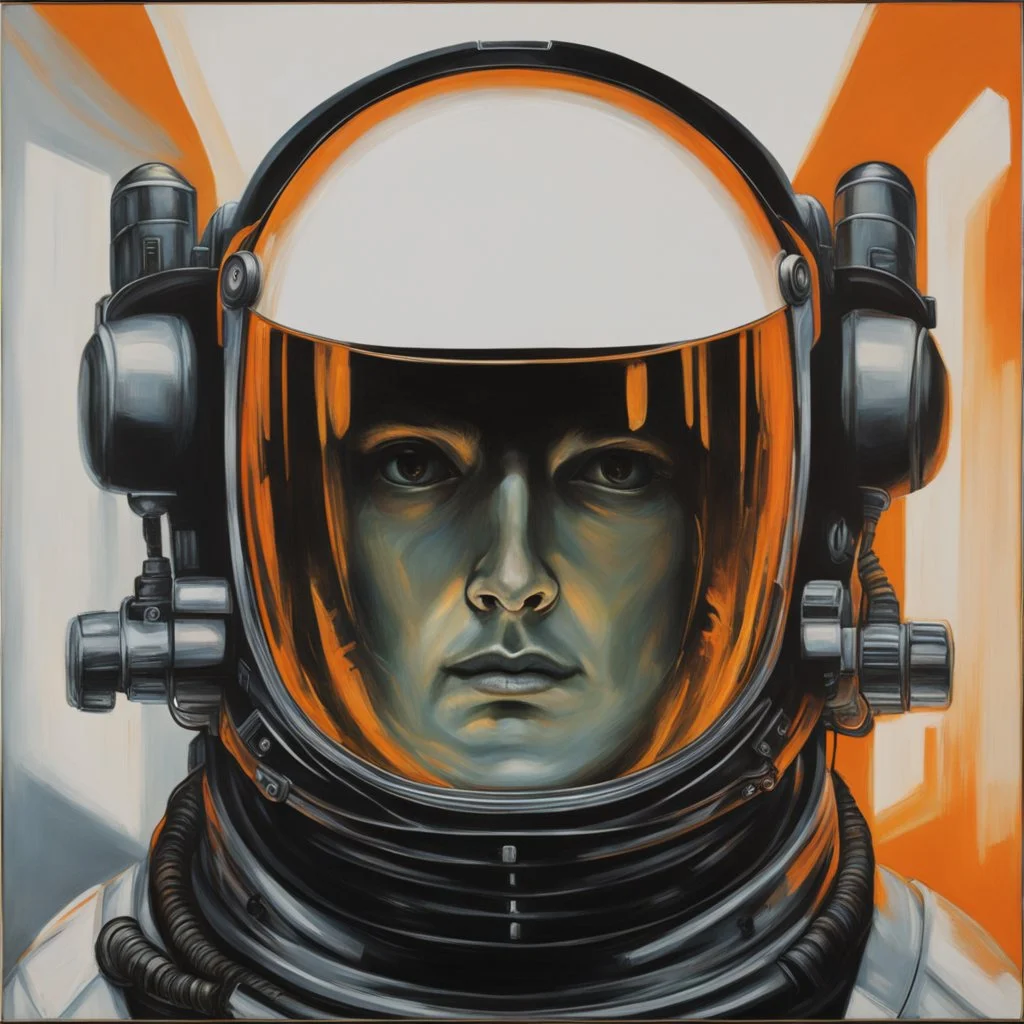 an oil painting by H. R. Giger of an astronaut's helmet and visor on the black background, the face is seen through it, there’s orange light coming from inside the space suit, dark lighting, minimalistic design, dark colors, horror art --ar 51:64 --v 5. 2