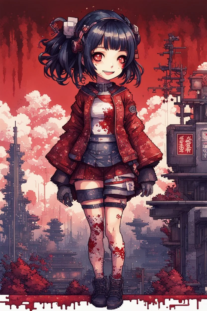 anormal, smile, blood, girl cute, full body, beautiful cyberpunk petit girl, hyperdetailed, behind made 8bits and Pixel Art, watercolor illustration by <Katsushika Hokusai>, darkred tones,